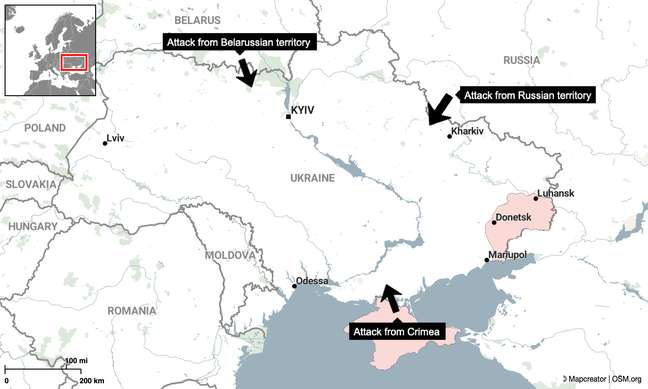 Mapa do ataque da Rússia contra a Ucrânia
