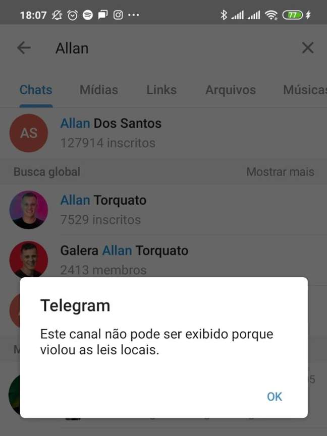 Usuários brasileiros que tentam acessar a conta de Allan dos Santos no Telegram se deparam com uma mensagem que informa sobre a suspensão. 