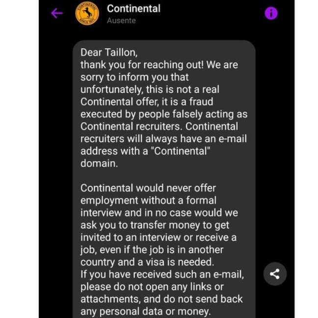 Reprodução de mensagem que Taillon disse ter recebido de perfil da Continental, por meio do Facebook, afirmando que ele tinha caído num golpe