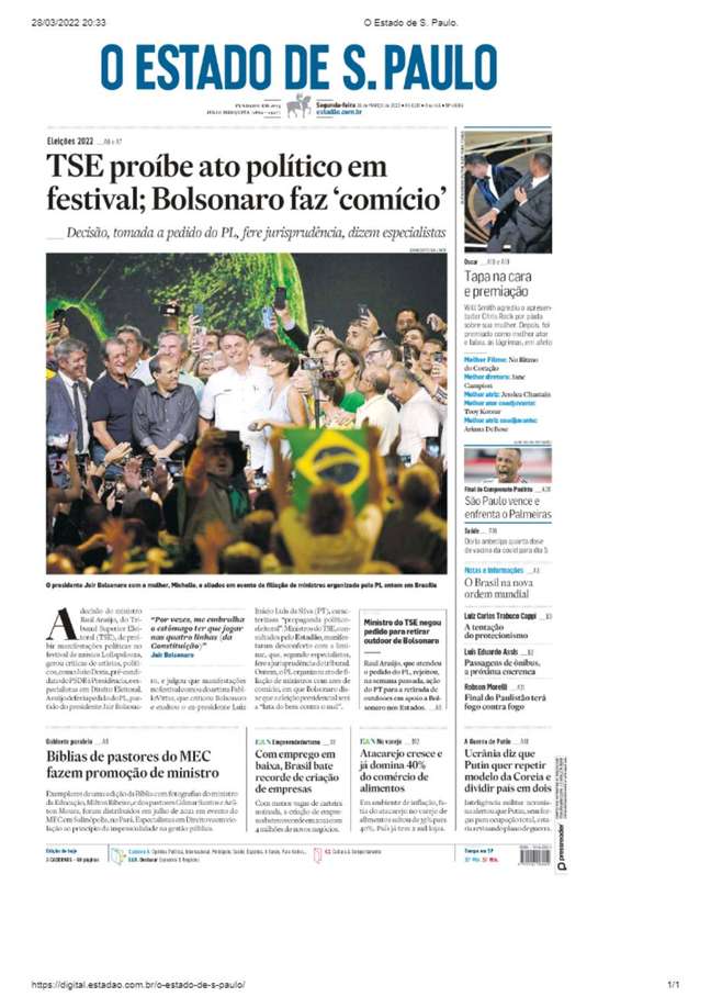 Capa do Estadão do dia 28/03.