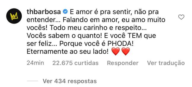 Thiaguinho comenta publicação de Fernanda Souza.