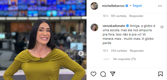 Veruska Donato criticou a Globo ao comentar a publicação de despedida de Michelle Barros