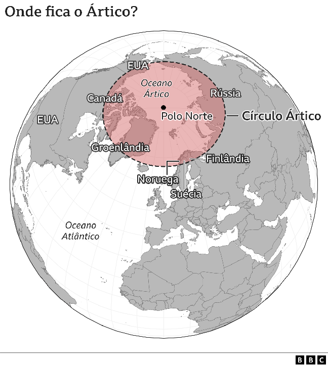 Mapa mostra localização do Ártico