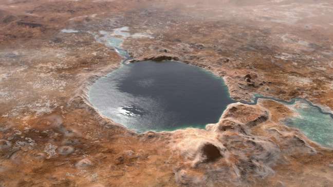 Uma ilustração mostra a Cratera Jezero, como ela teria sido há bilhões de anos atrás, se tivesse sido um lago