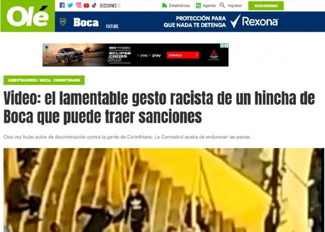 Capa do Olé sobre o caso de racismo na partida entre Boca e Corinthians (Foto: Reprodução)