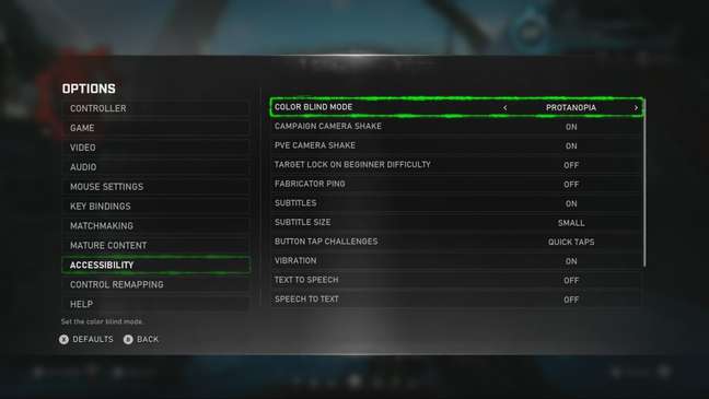 Gears 5 traz um robusto menu de acessibilidade (imagem: Microsoft/divulgação).