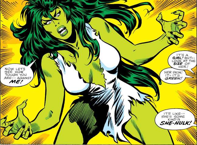 Primeira aparição da She-Hulk. Sim, nem os diálogos, nem a arte deixavam muito pra imaginação 