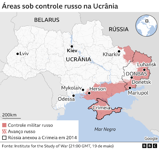 Mapa mostra avanço russo na Ucrânia
