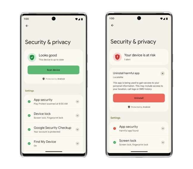 Área de segurança e privacidade do Android 13 