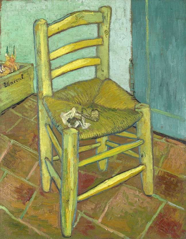 'A Cadeira de Van Gogh com Cachimbo' é o 16º autorretrato da exposição do Instituto de Arte Courtauld — uma vez que é ele, só que saiu por um momento, deixando seu cachimbo e saquinho de tabaco no assento (Vincent van Gogh, 1888, National Gallery, Londres)