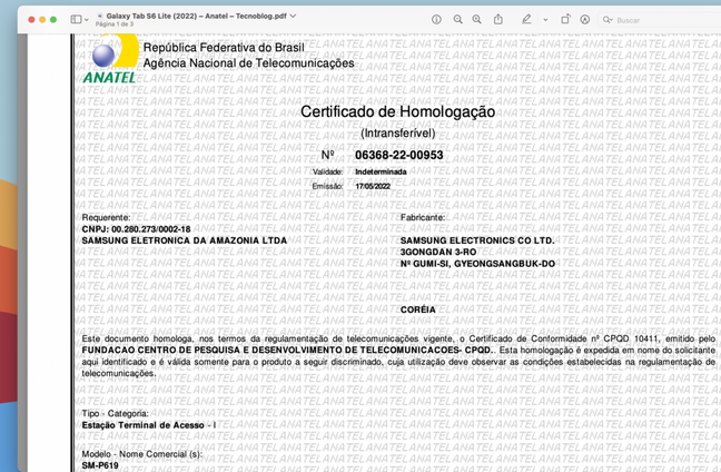 Certificado de homologação do Galaxy Tab S6 Lite (2022) (