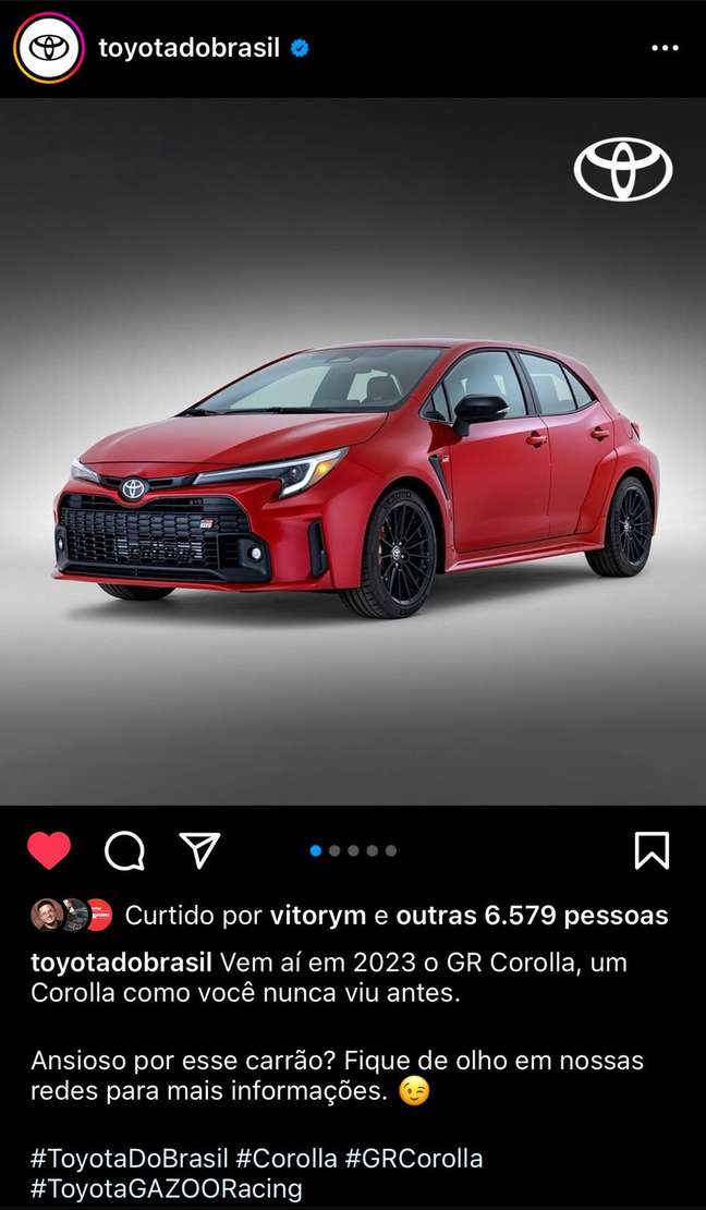 Perfil da Toyota do Brasil no Instagram anuncia GR Corolla