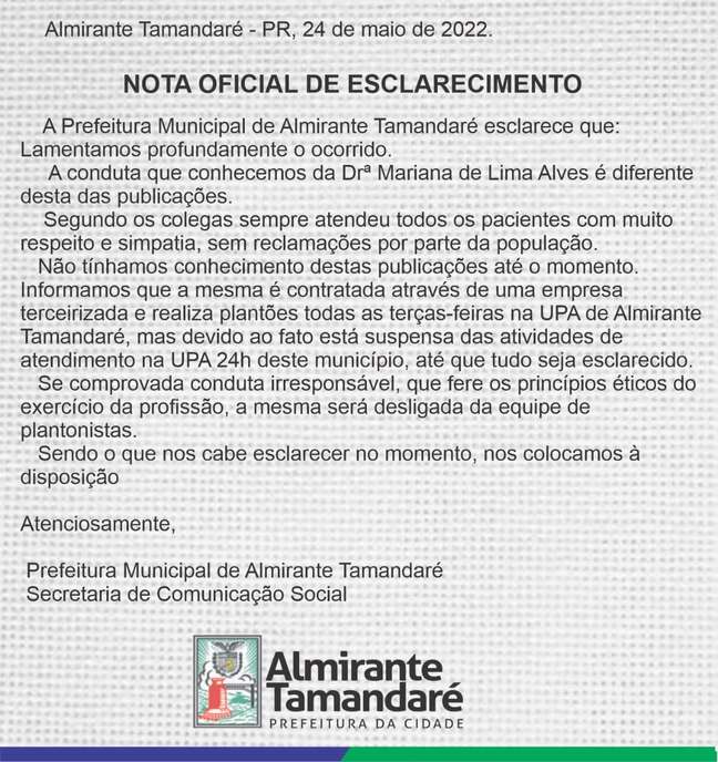 Nota da Prefeitura de Almirante Tamandaré (PR)