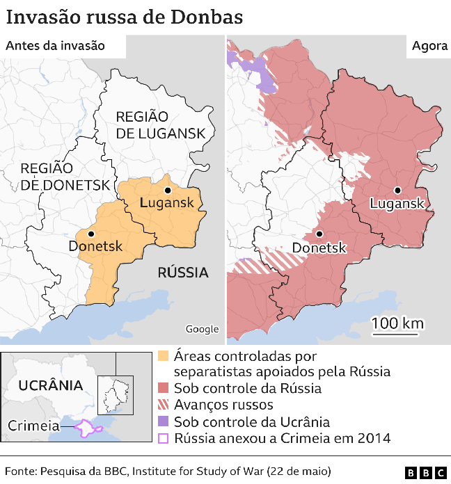 mapa mostra invasão russa de Donbas