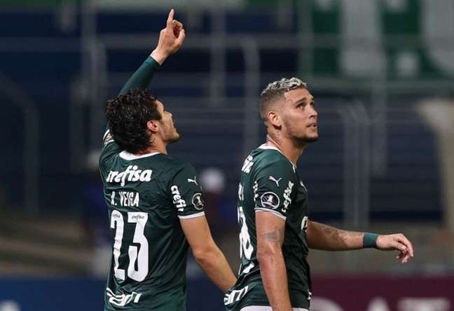 Veiga e Navarro, juntos, fizeram 13 gols pelo Palmeiras na Libertadores-2022 (Foto: Cesar Greco/Palmeiras)