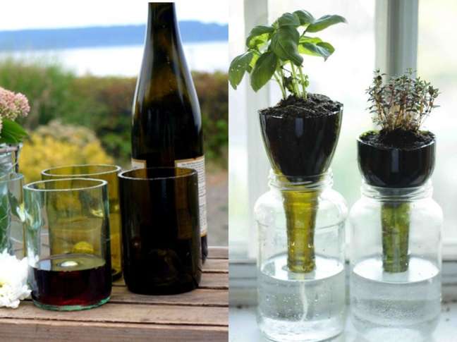Estes copos são eco-friendly e laváveis. Atenção: este ofício requer uma tocha para suavizar as bordas, portanto, tenha cuidado ao trabalhar com fogo. / Cultive suas ervas usando um frasco de vidro com o topo de uma garrafa de vinho.