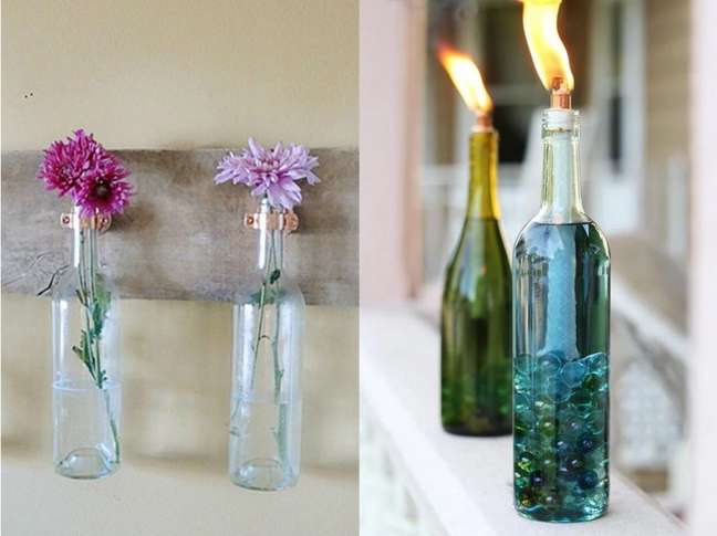 Traga seu jardim para dentro colocando flores em uma vitrine de garrafas penduradas. / Mantenha os insetos afastados enquanto relaxa ao ar livre com estas velas de citronela.
