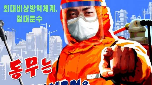 Pôster norte-coreano pergunta: 'camarada, você está seguindo as normas emergenciais de prevenção contra o vírus?'