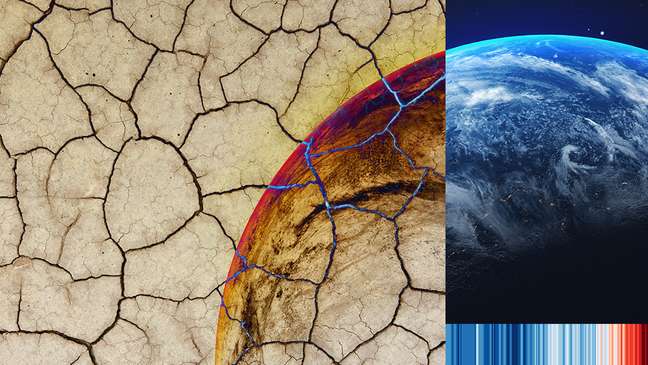 Terra seca com rachaduras e gráfico de listras do clima