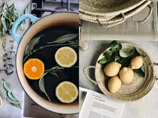 Faça sua cozinha ter um aroma maravilhoso fervendo algumas fatias de limão no fogão. Atire as fatias em uma panela com água e adicione algumas ervas. Se você quiser deixar o pote ainda mais bonito e perfumado, você pode jogar fatias de outras frutas também. / Uma cesta cheia de limões é uma visão adorável. Mas um punhado de folhas pode torná-lo ainda mais bonito. Comece forrando o objeto com folhas exuberantes e, em seguida, jogue alguns limões por cima. Esses dois passos são incrivelmente simples e o resultado é lindo. Faça sua cozinha ter um aroma maravilhoso fervendo algumas fatias de limão no fogão. Atire as fatias em uma panela com água e adicione algumas ervas. Se você quiser deixar o pote ainda mais bonito e perfumado, você pode jogar fatias de outras frutas também. / Uma cesta cheia de limões é uma visão adorável. Mas um punhado de folhas pode torná-lo ainda mais bonito. Comece forrando o objeto com folhas exuberantes e, em seguida, jogue alguns limões por cima. Esses dois passos são incrivelmente simples e o resultado é lindo.