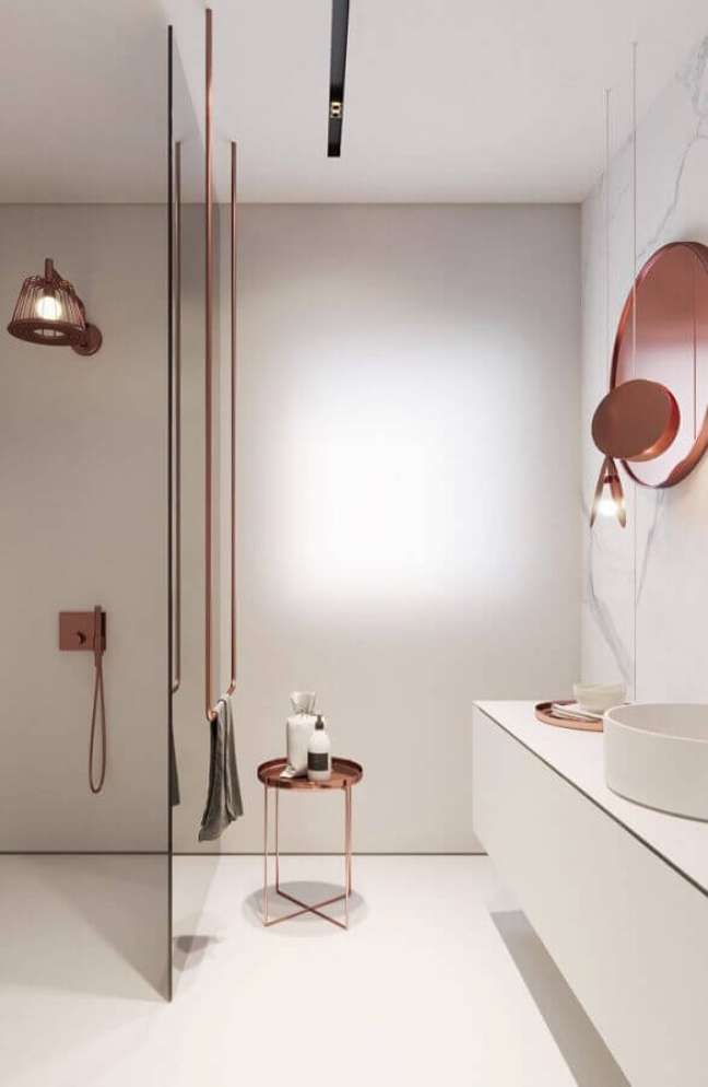 33. Decoração minimalista para banheiro feminino branco com detalhes em rose gold – Foto: Wood Save