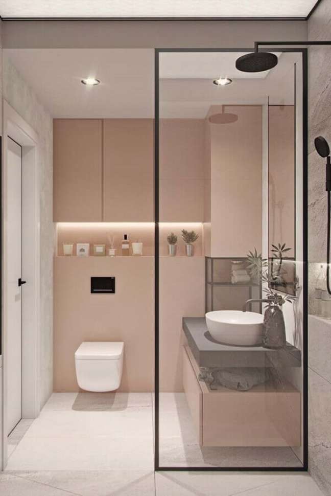 3. A combinação de rosa e cinza é tendência para decoração de banheiros femininos – Foto: Pinosy