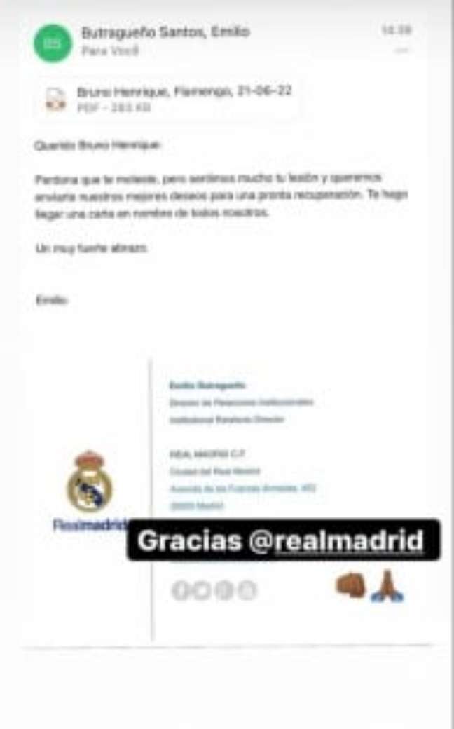 E-mail do Real enviado ao atacante (Foto: Reprodução/Instagram)