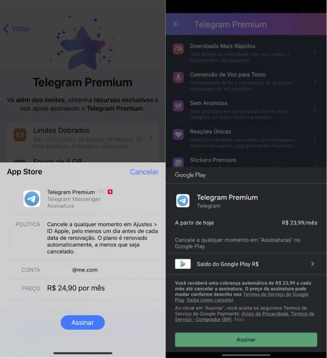 Preços do Telegram Premium ao fazer a assinatura pela App Store (iPhone) e Play Store (Android) (