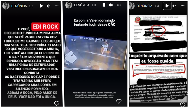 Juliana publicou imagens das telas e gravações da câmera de segurança que mostram a presença de Edi Rock no dia do suposto ocorrido; rapper nega o crime