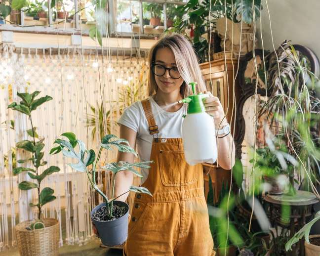 Young woman taking care of plants in a small shop Young woman taking care of plants in a small shop