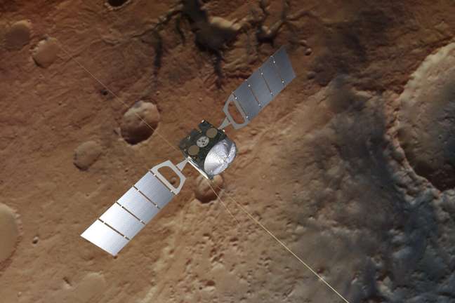 Impresión artística del Mars Express, con una imagen real de Marte de fondo 