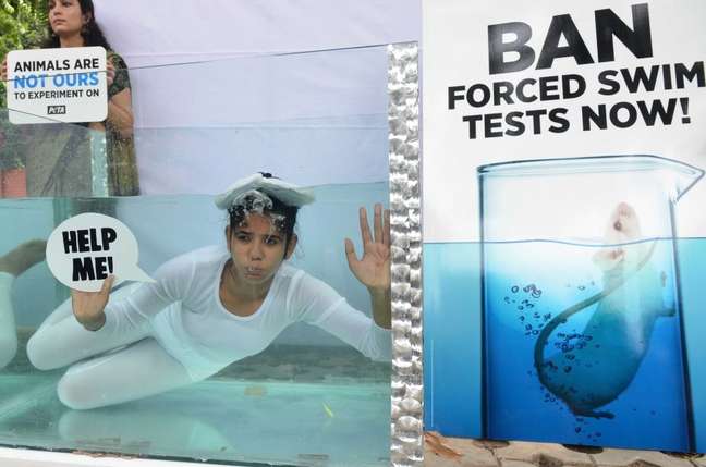 Ativista da organização protetora dos animais PETA protesta contra o teste de nado forçado com roedores realizado pelas companhias farmacêuticas