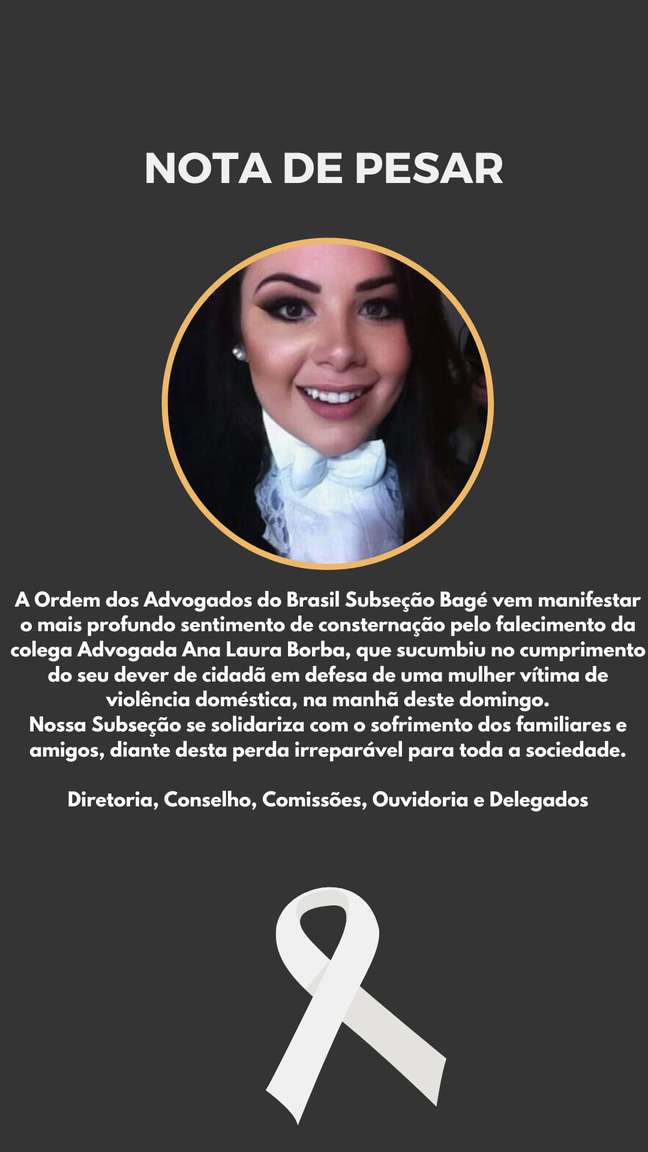 Ordem dos Advogados do Brasil (OAB) Subseção Bagé postou uma nota de pesar sobre o ocorrido