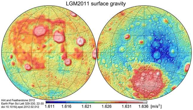 Mapa de variação do campo gravitacional na superfície lunar 