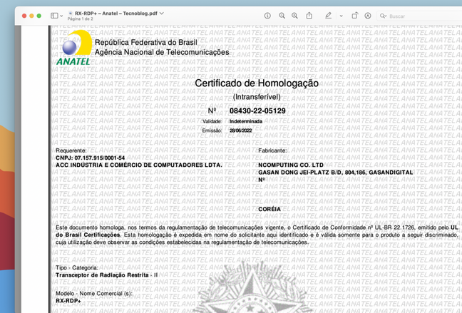 Certificado de homologação do RX-RDP+ 