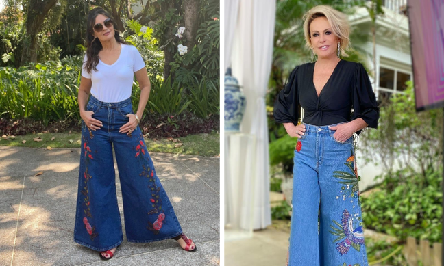 Fátima Bernardes e Ana Maria Braga de pantalona jeans bordada (Fotos: Instagram/Reprodução)