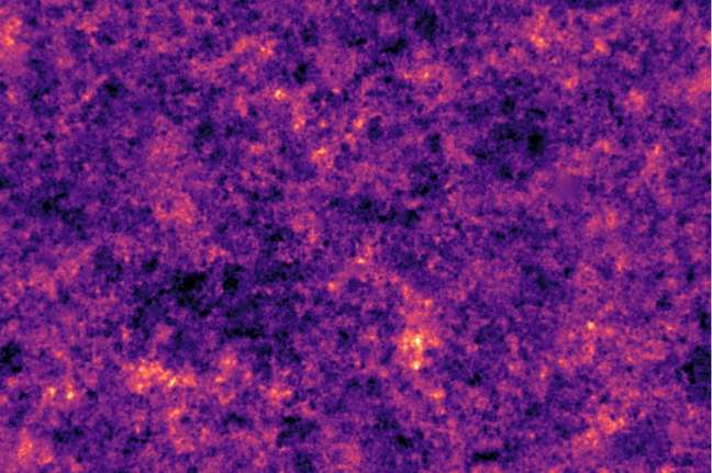 Este é o mapa mais detalhado da distribuição da matéria escura no universo. As áreas brilhantes representam os pontos de maior concentração, que é onde as galáxias se formam.