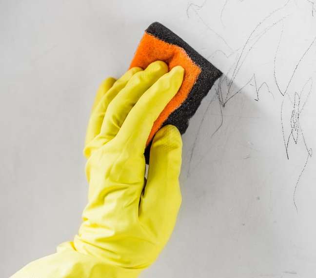 A sponge with baking soda and water can be the solution to chalk stains. A sponge with baking soda and water can be the solution to chalk stains.