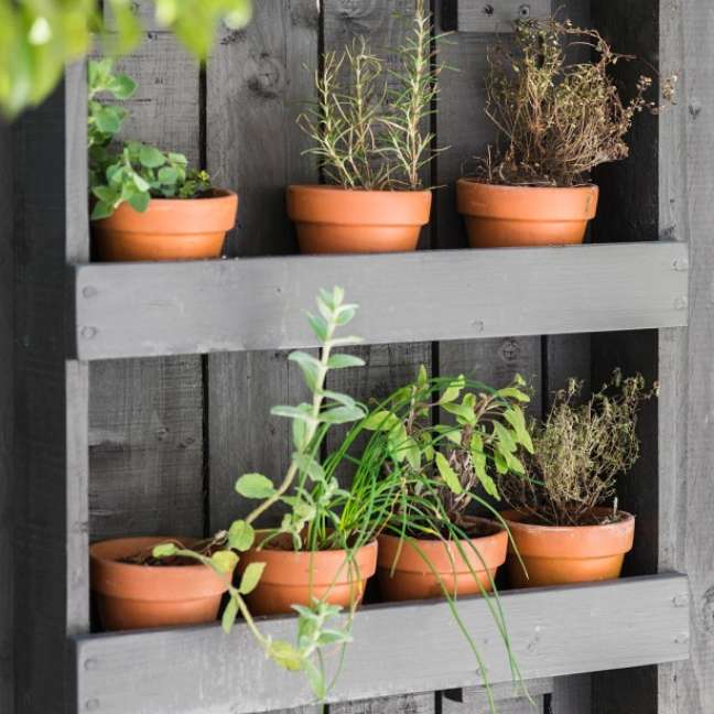Turn old shelves into a vertical spice garden.