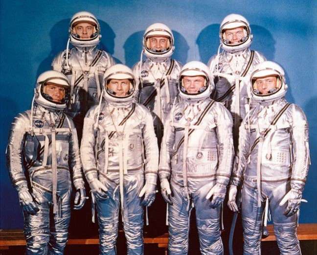 Astronautas do Programa Mercury, o primeiro programa de voos espaciais tripulados nos EUA (Imagem: Reprodução/NASA)