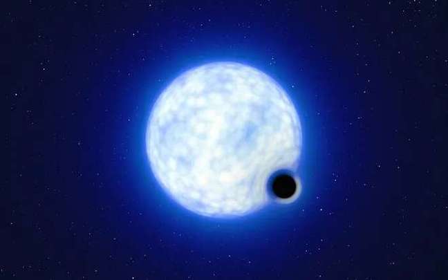 Ilustração de buraco negro na órbita de uma companheira jovem, massiva e quente (Imagem: Reprodução/ESO/L. Calçada)