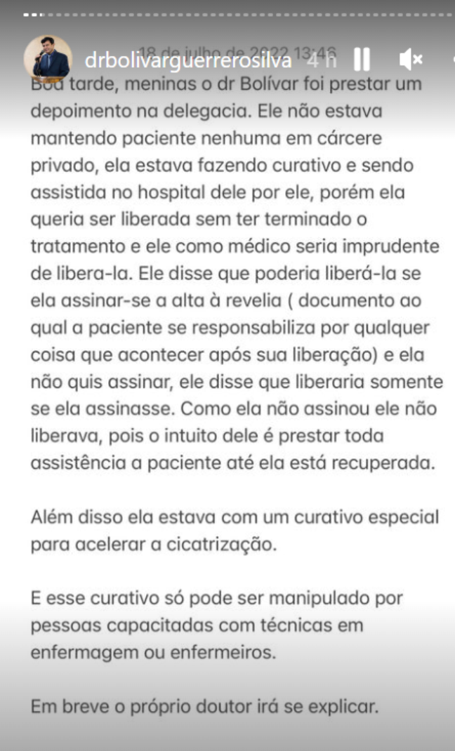 Equipe de médico nega cárcere de paciente