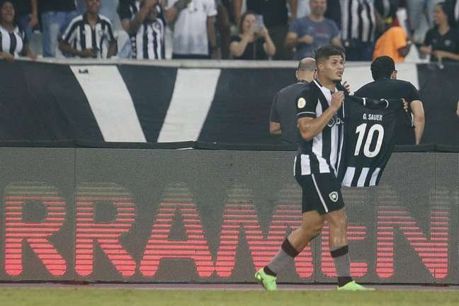 Erison mostra camisa de Gustavo Sauer após fazer gol pelo Botafogo (Foto: Vítor Silva/Botafogo)