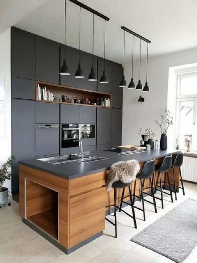 11. Projeto de decoração para cozinha planejada preta e cinza. Fonte: Wood Save