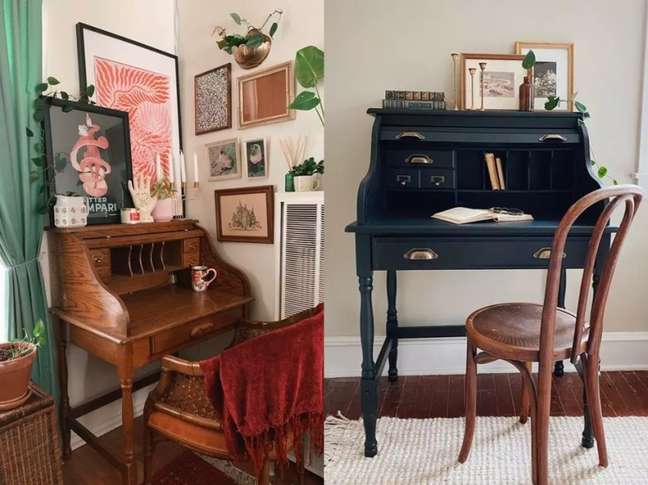 Você não precisa de muito para criar um escritório. No primeiro exemplo, uma parede de galeria, uma pequena escrivaninha manchada e alguns vasos de vegetação transformam um cantinho. E no segundo, uma mesa azul, uma cadeira manchada, um pouco de arte e vegetação são o suficiente.