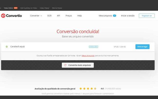 Clique em "Descarregar" para que o arquivo seja baixado (Captura de tela: Matheus Bigogno) Clique em "Descarregar" para que o arquivo seja baixado (Captura de tela: Matheus Bigogno)