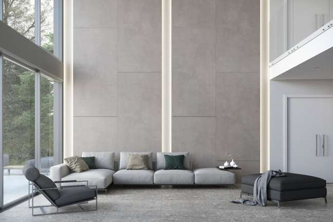 Asphalt AC porcelain (120x140), on the wall, and Iseo Grigio AC (90x90), on the floor, both by Eliane (@elianerevestimentos) create a contemporary and elegant environment Asphalt AC porcelain (120x140), on the wall, and Iseo Grigio AC (90x90), on the floor, both by Eliane (@elianerevestimentos) create a contemporary and elegant environment