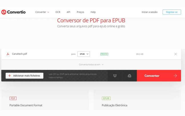 Aguarde até que o arquivo seja carregado e clique em "Converter" (Captura de tela: Matheus Bigogno) Aguarde até que o arquivo seja carregado e clique em "Converter" (Captura de tela: Matheus Bigogno)