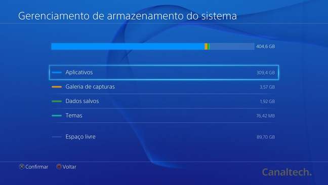 O gerenciamento do sistema mostra tudo o que está na memória do PS4. (Imagem: Captura de tela/Sergio Oliveira/Canaltech)