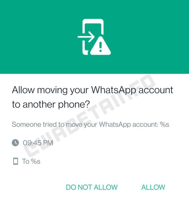 Notificação do WhatsApp ao fazer uma transferência entre dispositivos 